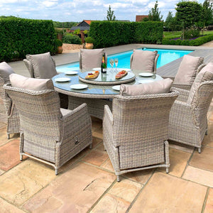 Cotswold Reclining 8 Seat Round Dining Set 
(with woven Lazy Susan) | Grey/Taupe  Maze   
