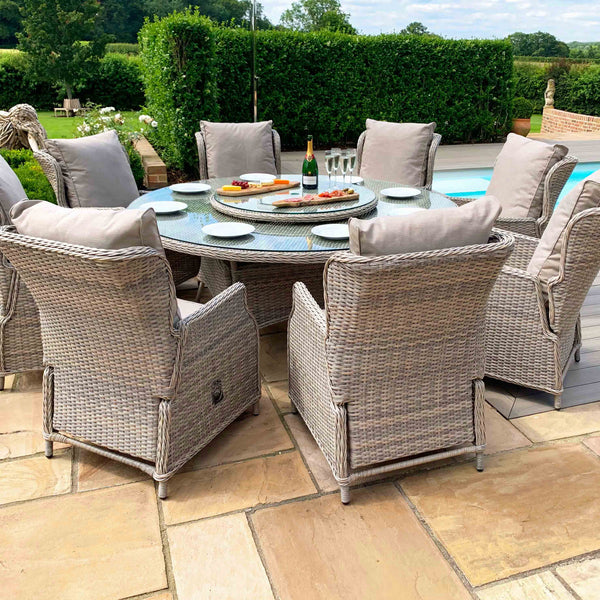 Cotswold Reclining 8 Seat Round Dining Set 
(with woven Lazy Susan) | Grey/Taupe  Maze   