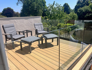 Frameless Glass Balustrade 1.2m Full Panel | 12mm Glass excluding Stainless Handrail OVAEDA® Composite Decking & Porcelain Paving