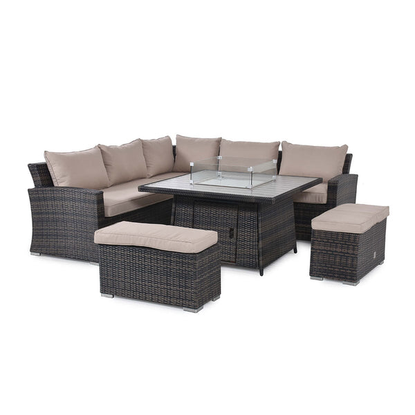 Kingston Corner Deluxe Dining Set with Fire Pit
(aluminium slatted top
includes glass surround, metal lid, firestones) | Brown  | Flat Weave  Maze   