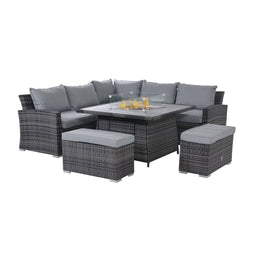 Kingston Corner Deluxe Dining Set with Fire Pit
(aluminium slatted top
includes glass surround, metal lid, firestones) | Grey | Flat Weave
