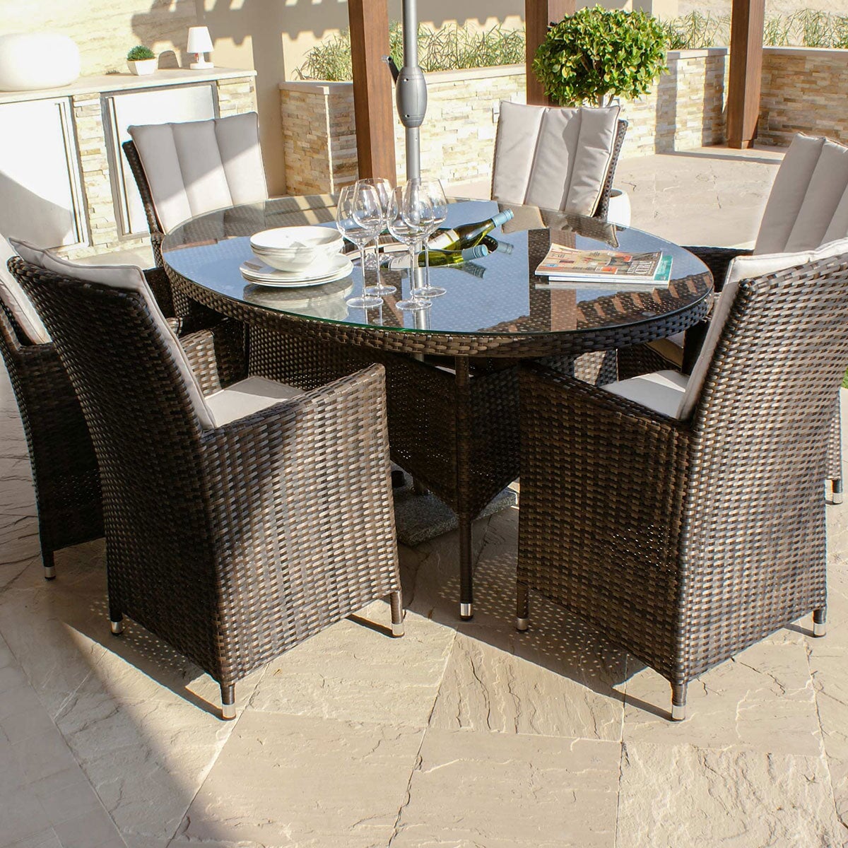 LA 6 Seat Oval Ice Bucket Dining Set with Lazy Susan Brown