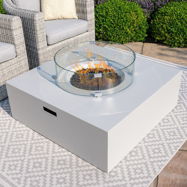 100x100cm Square Gas Fire Pit (includes glass surround, and fire stones) | Pebble White
