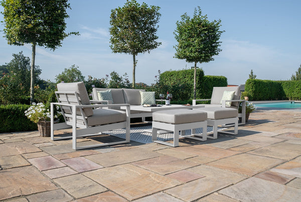 Amalfi 2 Seat Sofa Set With Rising Table 
(includes x2 footstools) | White  Maze   
