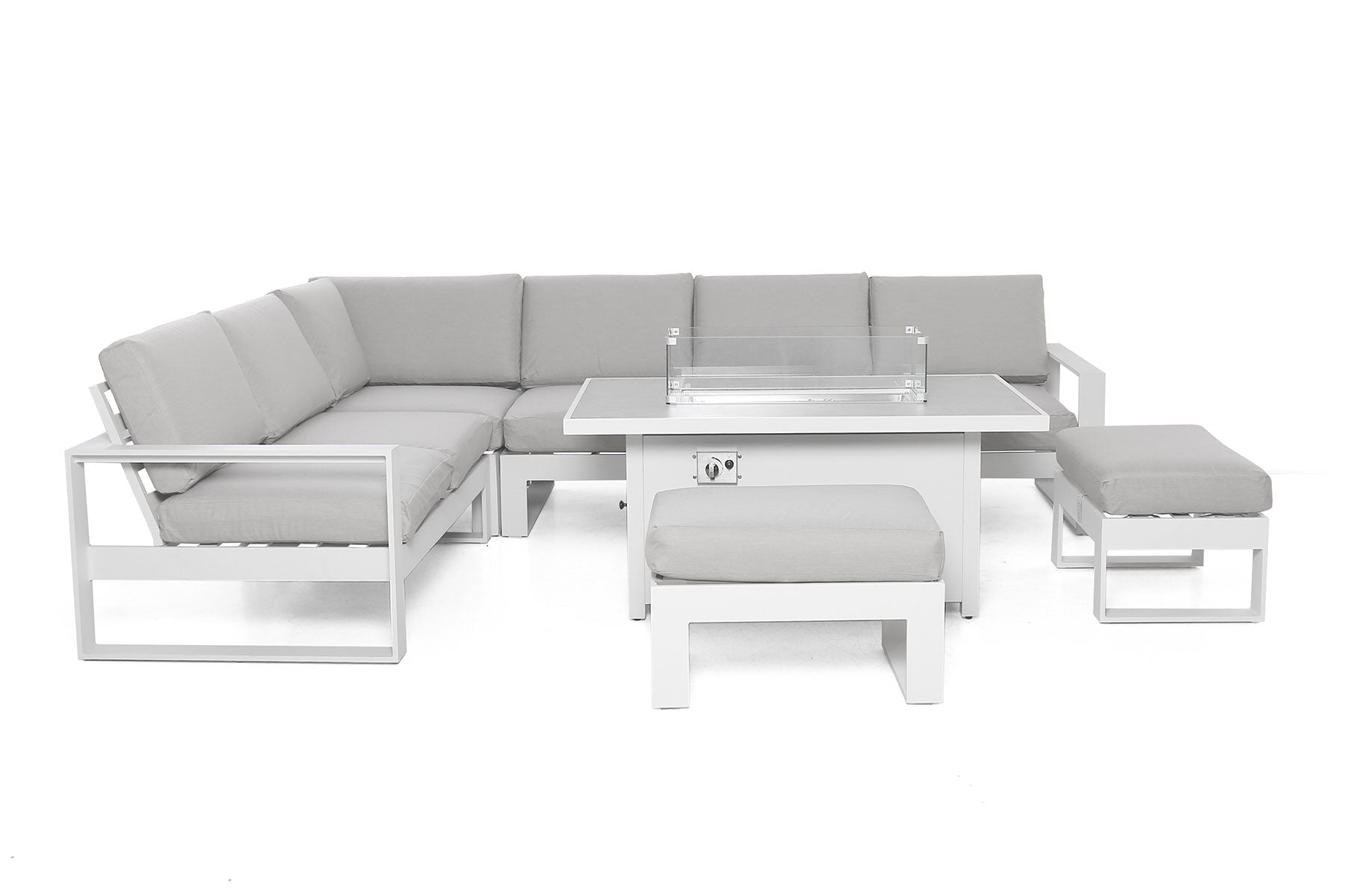 Amalfi Large Corner Dining with Rectangular Fire Pit Coffee Table
(includes 2x footstools) | White