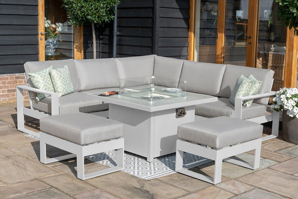Amalfi Small Corner Dining with Square Fire Pit Coffee Table
(includes 2x footstools) | White  Maze   