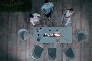 Ambition 8 Seat Rectangular Fire Pit Dining Set | Lead Chine  Maze   