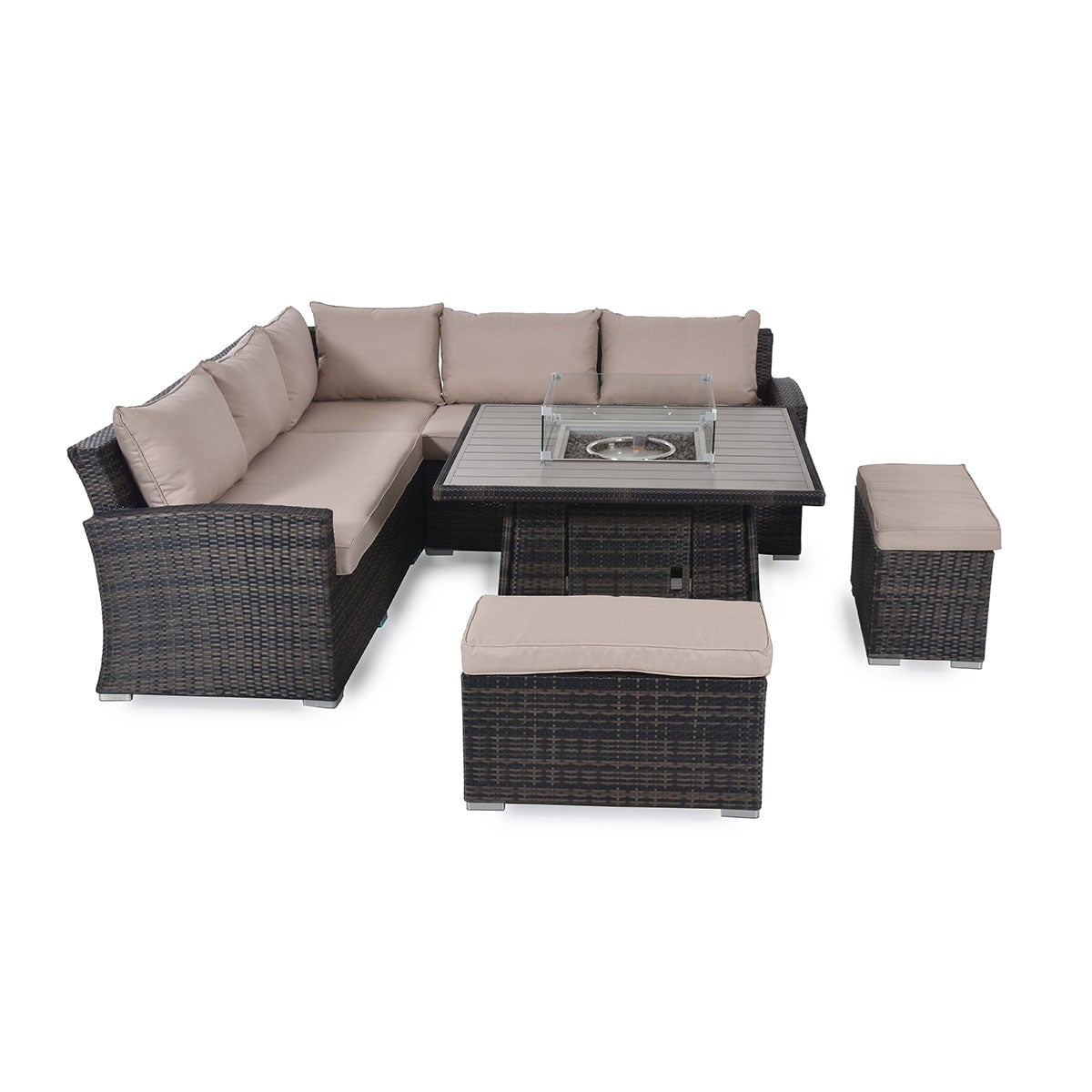 Kingston Corner Deluxe Dining Set with Fire Pit
(aluminium slatted top
includes glass surround, metal lid, firestones) | Brown  | Flat Weave