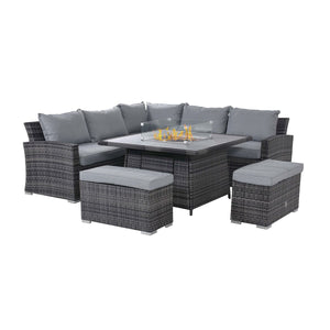 Kingston Corner Deluxe Dining Set with Fire Pit
(aluminium slatted top
includes glass surround, metal lid, firestones) | Grey | Flat Weave  Maze   
