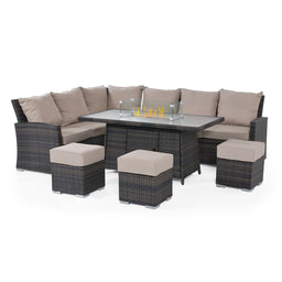 Kingston Corner Dining Set with Fire Pit (aluminium slatted topincludes glass surround, metal lid, firestones) | Brown  | Flat Weave