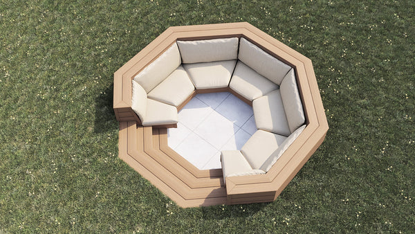 Luxxe™ Round Sunken Seating Area | Light Brown  OVAEDA® Composite Decking & Porcelain Paving with Porcelain Paving Floor -  