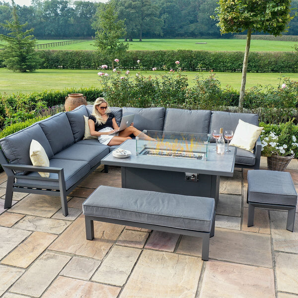 New York Corner Dining Set With Fire Pit Table  | Grey  Maze   