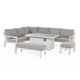 New York Corner Dining Set With Fire Pit Table  | White Frame / Oatmeal cushions