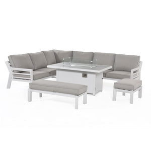 New York Corner Dining Set With Fire Pit Table  | White Frame / Oatmeal cushions  Maze   