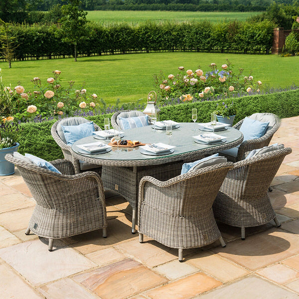 Oxford 6 Seat Oval Fire Pit Dining Set with Heritage Chairs  | Light Grey  Maze   