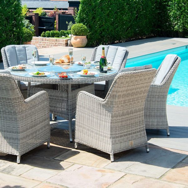 Oxford 6 Seat Round Fire Pit Dining Set with Venice Chairs and Lazy Susan | Light Grey  Maze   