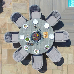 Oxford 8 Seat Round Fire Pit Dining Set with Heritage Chairs and Lazy Susan | Light Grey