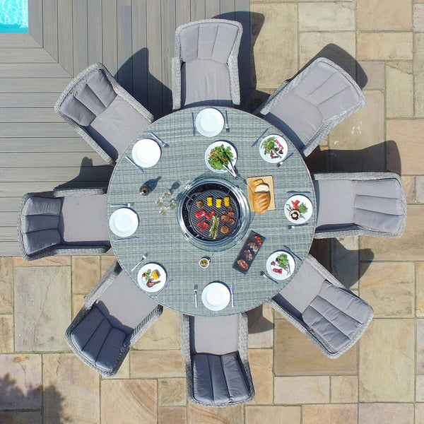 Oxford 8 Seat Round Fire Pit Dining Set with Venice Chairs and Lazy Susan | Light Grey