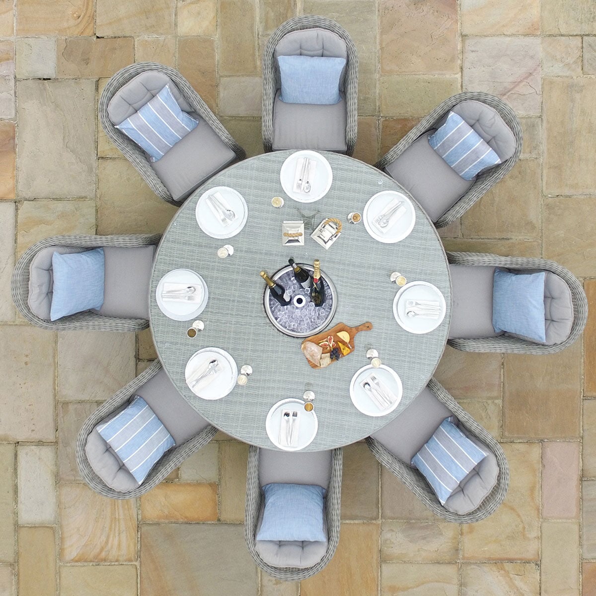 Oxford 8 Seat Round Ice Bucket Dining Set with Heritage Chairs and Lazy Susan | Light Grey