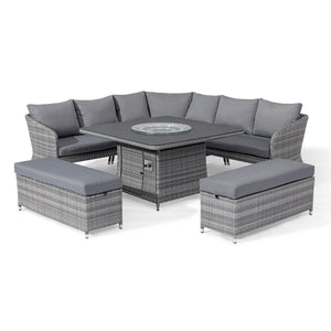 Santorini Deluxe Corner Dining Set with Fire Pit Table 
(spray stone top | Cooking Pans) | Grey  Maze   