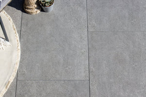 Stone Effect Porcelain Paving and Subframe Pack 3.6m x 3.6m (12.96sqm)  Tile Space Limestone | 60 x 90cm | Dark Grey  