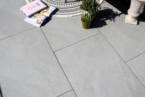 Stone Effect Porcelain Paving and Subframe Pack 3.6m x 3.6m (12.96sqm)  Tile Space Washed Slate | 60 x 90cm | Light Grey  