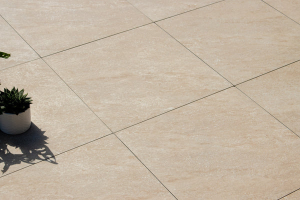 Stone Effect Porcelain Paving and Subframe Pack 3.6m x 3.6m (12.96sqm)  Tile Space Weathered Stone | 60 x 60cm | Beige  