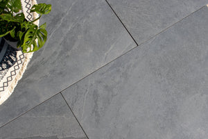 Stone Effect Porcelain Paving and Subframe Pack 3.6m x 3.6m (12.96sqm)  Tile Space Washed Slate | 60 x 90cm | Dark Grey  