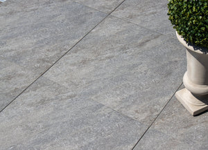 Stone Effect Porcelain Paving and Subframe Pack 3.6m x 3.6m (12.96sqm)  Tile Space Weathered Stone | 60 x 60cm | Grey  
