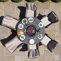 Winchester 6 Seat Round Fire Pit Dining Set with Venice Chairs and Lazy Susan | Natural